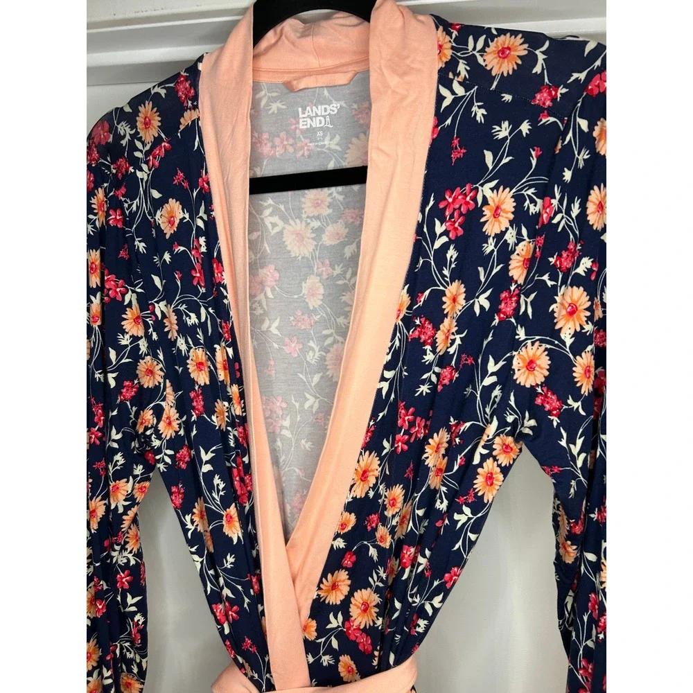 Lands End Womens XS Navy Peach Floral Long Sleeve Knit Robe Pockets Sleepwear